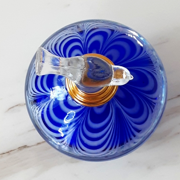 MURANO Art Glass Cobalt Blue White Perfume Bottle Clear Glass Bird Toppe… - Picture 4 of 14
